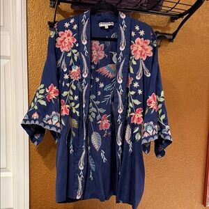 Johnny Was Stunning Embroidered Navy Jacket with Floral and Peacock Design NWOT